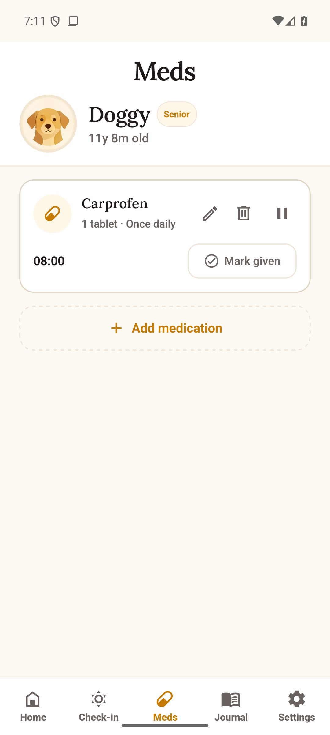 Medications list with refill warnings